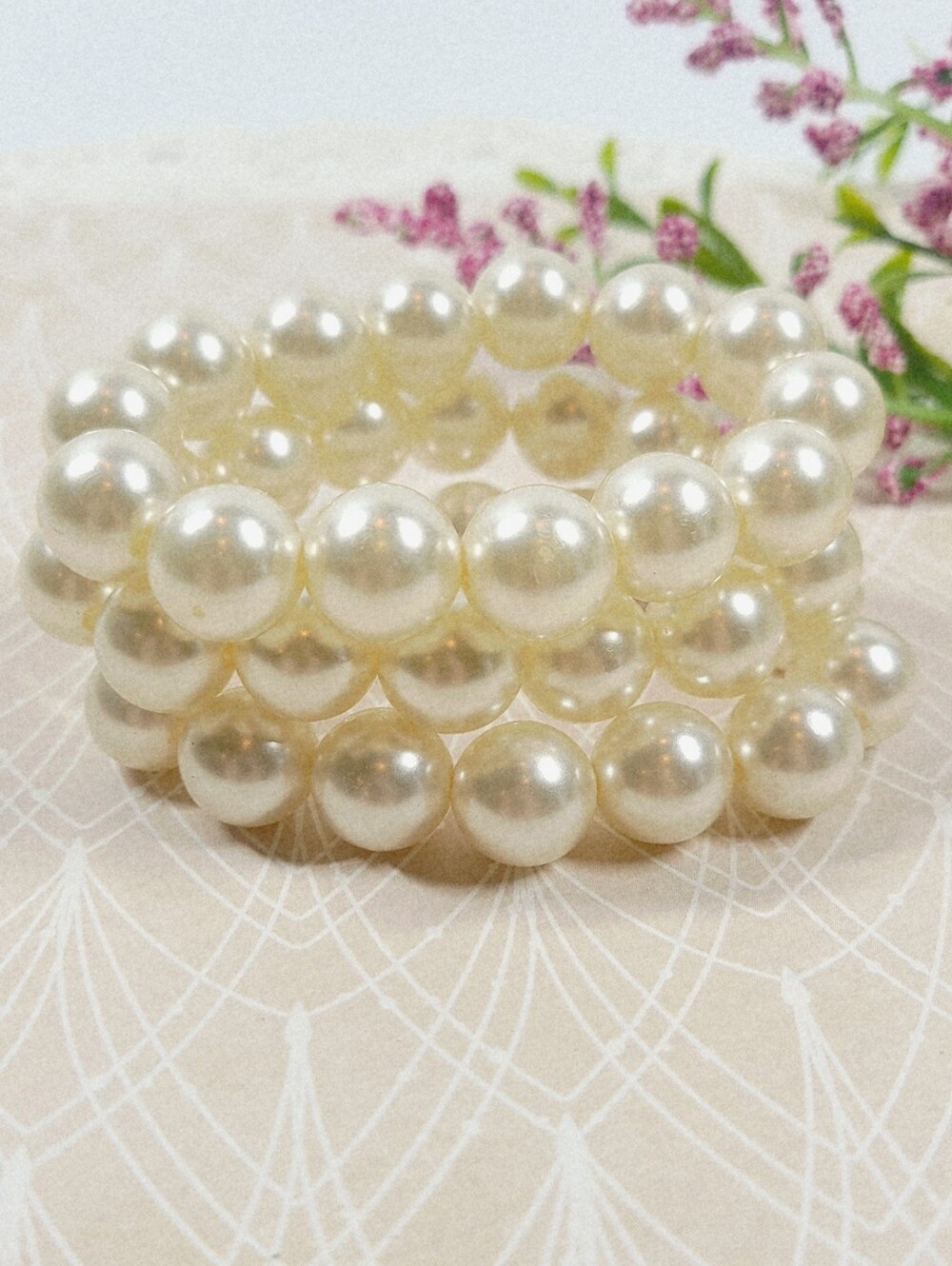 Vintage Chunky Pearl Stacked Bracelets '90s ‎ Fashion 3 Piece Set Stretchy